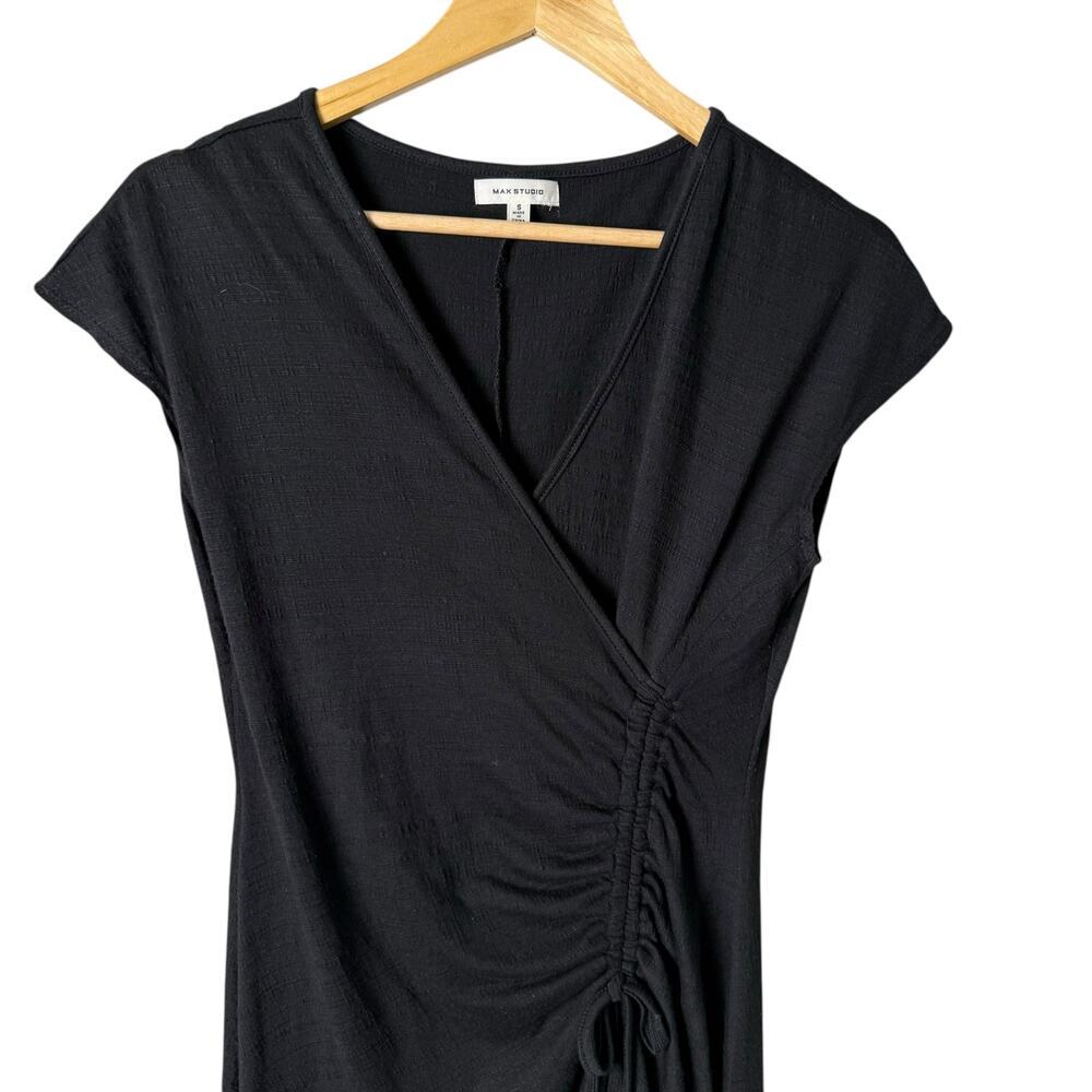 Max Studio Faux Wrap Side Ruched Midi Dress in Black Crinkled Jersey, Size Small - Picture 3 of 11